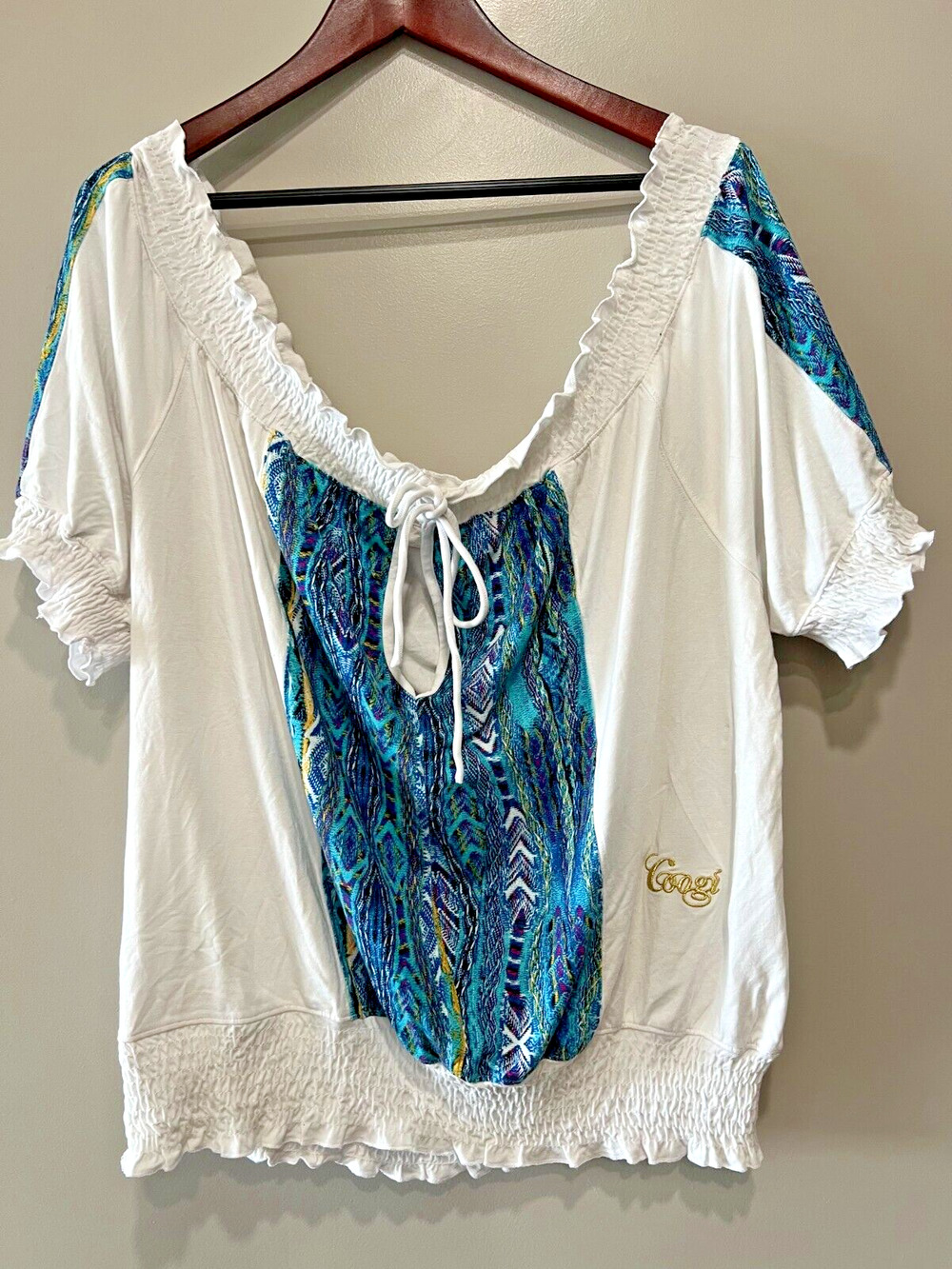 Coogi Womens white Top Y2K Smocking , resort ,boho ,statement Sz-XL